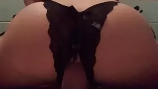 Riding my new huge dildo in my GFs panties