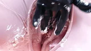 Pussy cake splosh food fetish, wet and messy, pvc catsuit