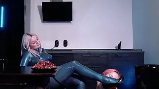 Femdom Lesbian Latex Rubber Humiliation, Suck on Strapon