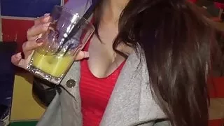 Busty brunette bangs long shlong in live show