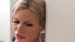 Mature blonde blows big cock for cum