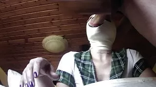 Laura on Heels gets hard throatfuck and deepthroat wearing a white mask