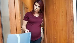 DEBT4k. Pregnant lovely girl with red hair spreads legs
