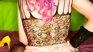 Trying dresses and dildo ride cum on see thru table