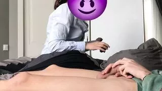 Stepsister caught jerking off and helped to cum