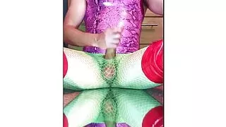 Massive cumshot - neon fishnets, PVC boots, latex dress