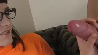 Cosplay addict Adreena wears sexy glasses during hard sex