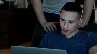 Ripped threesome bareback fuck and cum spray