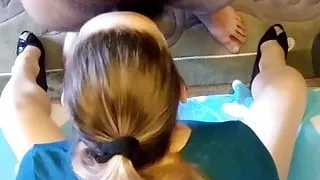 Easykittyjoy. Wife gives blowjob in dress, tights and heels