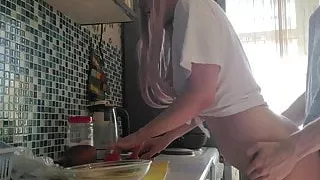 Young stepsister gets unexpected anal fuck in the kitchen