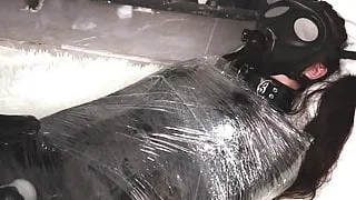 Latex lesbian plastic wrap mummification