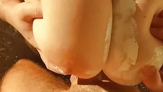 Blowjob and Fuck – painting and cumming over huge natural tits!