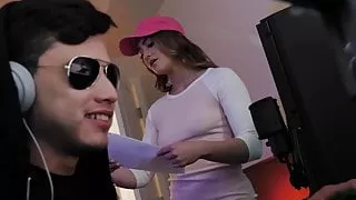 Cute brunette Kenzien gives sloppy blowjob to stepbrother