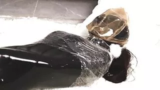 Latex lesbian double hood breath play in a sleeping bag