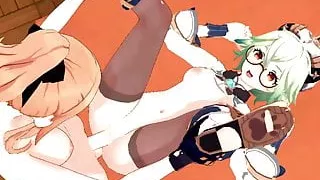 Futa Jean fickt Sucrose auf einem Tisch und sperma auf ihrem Bauch.