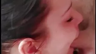 Sexy Brunette deepthroats and gets throatpie