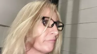 Risky hotel stairwell blowjob and facial, public cumwalk