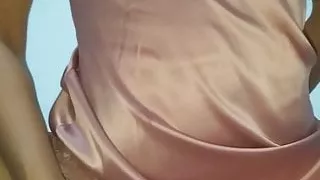 Young MILF in pink satin nightie makes my cock explode – hot