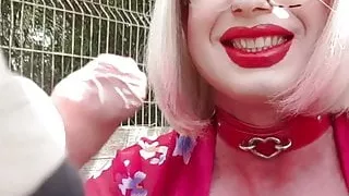 Slut Alina walks, sucks and jerks off guys.