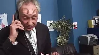 Busty beauties in an office fourway with an old guy