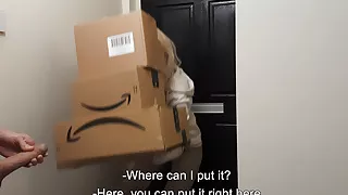 Amazon delivery girl couldn't resist naked jerking off guy.