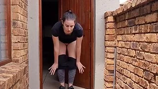 Woman pissing out of the front door