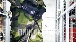 Army soldier cums on the leather glove