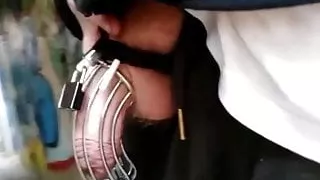 Uncut ginger walking around and pissing in chastity