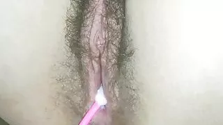 Creampie on my wife's hairy pussy in close-up