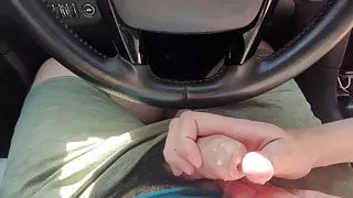 Public car handjob with cumshot