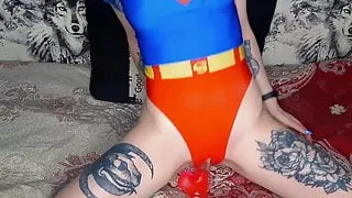 Masturbation in a super girl costume
