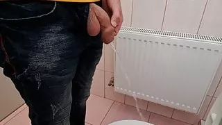 Uncircumcised cock pees on the station toilet