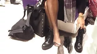 pantyhosed wife shoe shopping sexy feet tries new boots