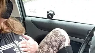 Quick horny carpark wank fishnet tights pantyhose cumshot