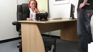 Redhead femdom humiliates tiny dick guy at interview