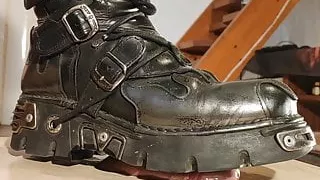 Slave boy enjoy cock stomping in leather boots POV