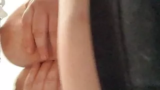 Big heavy hanging tits being spanked and pulled by me