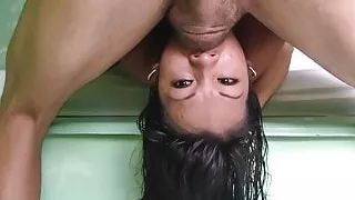 Spanish girl gets throat fucked by fat dick