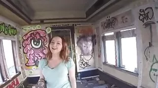 lesbian big tits redhead  fucked for cash in abandoned train
