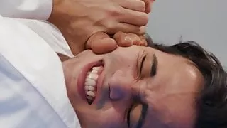 Ebony rides short guy’s cock during karate class