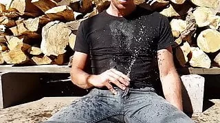 Glorious clothed golden shower in 240fps slo mo