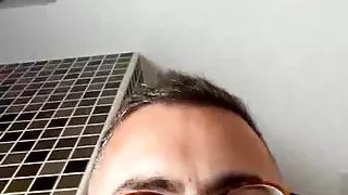 Guy with glasses cumming in the bathroom