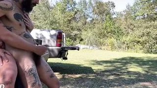 Redneck buds flip fuck after work on their truck