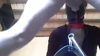 Tied to a machine, masked, hooded and throated