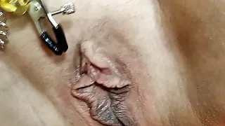 Clit and nipple clamps testing, close-up GILF creampie .!.