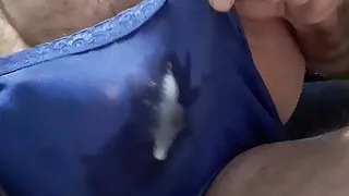 Cumming through Wife's Blue Nylon Panties