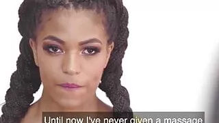 Ebony babe tricks new employee into lesbian sex