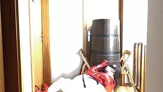 Disgusting horny super hero empties keg, wanks and cums