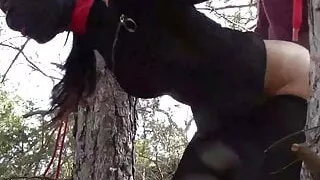 Outdoor sex in the wood. Wearing sexy clothes and high heels