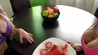 Lesbians spend their morning eating strawberries off each